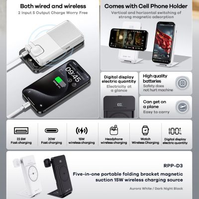 Remax RPP-D3 5-in-1 Portable Folding Wireless Charging 10000mAh Power Bank